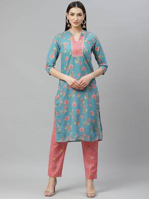 Myshka Women's Multicolor poly cotton Printed  3/4 Sleeve Mandrin Neck Casual kurta Pant Set 1