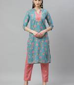 Myshka Women's Multicolor poly cotton Printed  3/4 Sleeve Mandrin Neck Casual kurta Pant Set