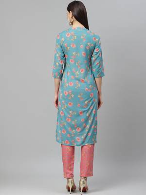 Myshka Women's Multicolor poly cotton Printed  3/4 Sleeve Mandrin Neck Casual kurta Pant Set 2