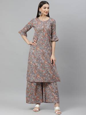 Myshka Women's Grey Cotton Linen  Printed  Half Sleeve Round Neck Casual Kurta Palazzo Set 1