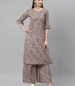 Myshka Women's Grey Cotton Linen  Printed  Half Sleeve Round Neck Casual Kurta Palazzo Set