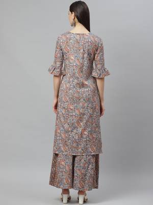 Myshka Women's Grey Cotton Linen  Printed  Half Sleeve Round Neck Casual Kurta Palazzo Set 2