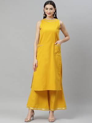 Myshka Women's Mustrd cotton solid  sleeveless Round Neck Casual kurta Palazzo Set 1