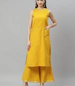 Myshka Women's Mustrd cotton solid  sleeveless Round Neck Casual kurta Palazzo Set