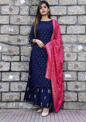 Women's  Blue gold Printed Kurti Palazzo Set with  Printed Pink Duptta || Party Wear 1