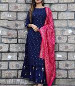 Women's  Blue gold Printed Kurti Palazzo Set with  Printed Pink Duptta || Party Wear