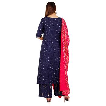 Women's  Blue gold Printed Kurti Palazzo Set with  Printed Pink Duptta || Party Wear 2