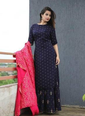 Women's  Blue gold Printed Kurti Palazzo Set with  Printed Pink Duptta || Party Wear 3