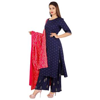 Women's  Blue gold Printed Kurti Palazzo Set with  Printed Pink Duptta || Party Wear 4