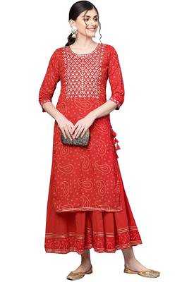 Women's  Cotton Embroidery and Bandhani Printed Kurti Palazzo Set 1