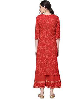 Women's  Cotton Embroidery and Bandhani Printed Kurti Palazzo Set 2