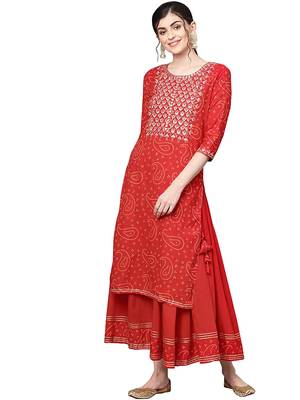 Women's  Cotton Embroidery and Bandhani Printed Kurti Palazzo Set 3