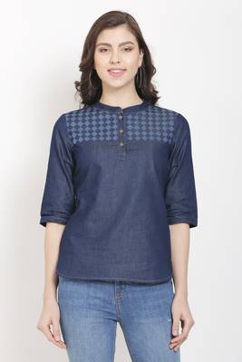 Navy-blue printed denim crop-tops 1