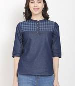 Navy-blue printed denim crop-tops