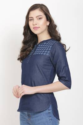 Navy-blue printed denim crop-tops 3