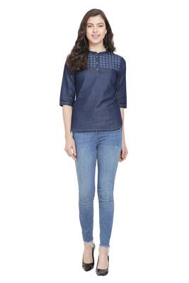 Navy-blue printed denim crop-tops 4