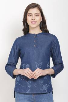 Navy-blue printed denim crop-tops