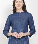 Navy-blue printed denim crop-tops