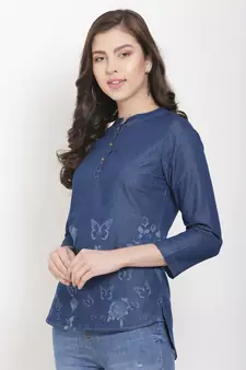 Navy-blue printed denim crop-tops