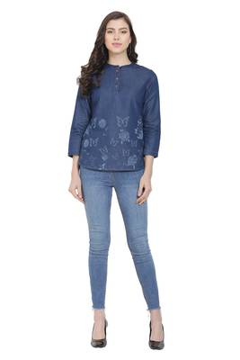 Navy-blue printed denim crop-tops 4