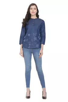 Navy-blue printed denim crop-tops