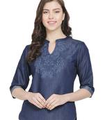 Navy-blue printed denim crop-tops