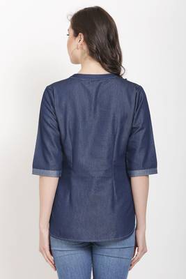 Navy-blue printed denim crop-tops 2