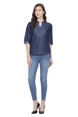 Navy-blue printed denim crop-tops 4