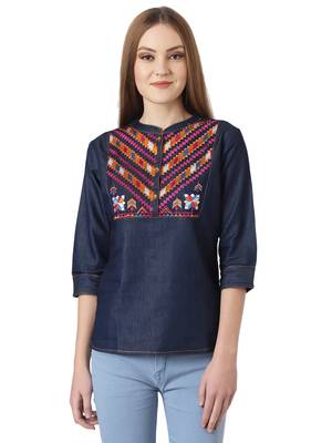 Navy-blue printed denim crop-tops 1
