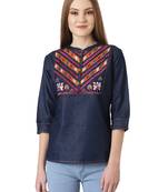 Navy-blue printed denim crop-tops