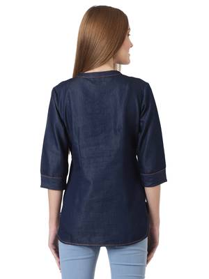Navy-blue printed denim crop-tops 2