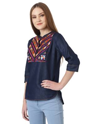 Navy-blue printed denim crop-tops 3