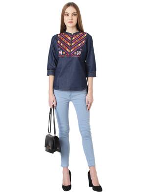 Navy-blue printed denim crop-tops 4