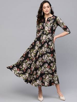 Myshka Women's Multi Crepe Printed 3/4 Sleeve Round Neck Dress 1