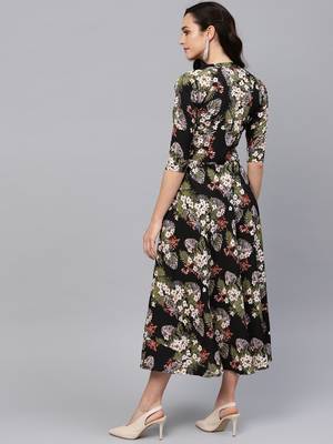 Myshka Women's Multi Crepe Printed 3/4 Sleeve Round Neck Dress 2