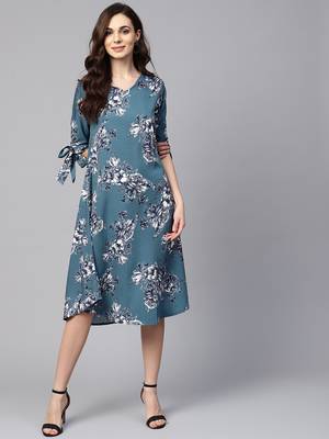 Myshka Women's Blue Polyester Printed Half Sleeve V Neck Dress 1