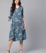 Myshka Women's Blue Polyester Printed Half Sleeve V Neck Dress