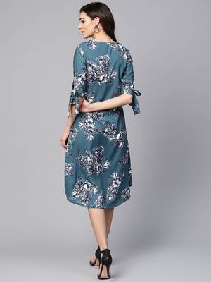 Myshka Women's Blue Polyester Printed Half Sleeve V Neck Dress 2