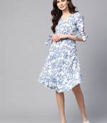 Myshka Women's Blue Polyester Printed Half Sleeve Round Neck Dress