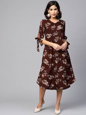 Myshka Women's Maroon Polyester Printed Half Sleeve V Neck Dress 1