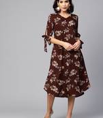 Myshka Women's Maroon Polyester Printed Half Sleeve V Neck Dress