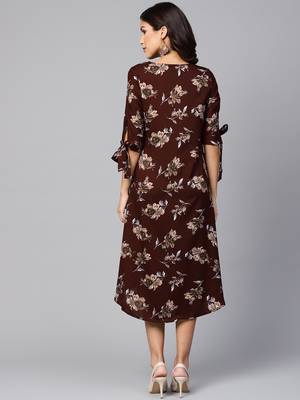 Myshka Women's Maroon Polyester Printed Half Sleeve V Neck Dress 2