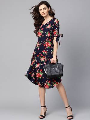 Myshka Women's Multi Polyester Printed Half Sleeve V Neck Dress 1