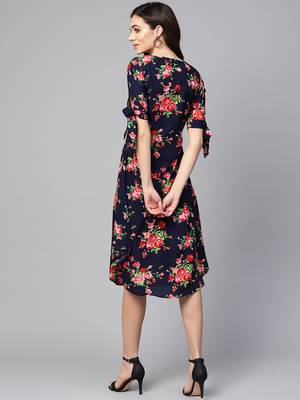 Myshka Women's Multi Polyester Printed Half Sleeve V Neck Dress 2