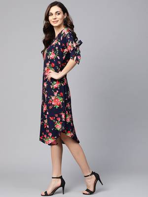 Myshka Women's Multi Polyester Printed Half Sleeve V Neck Dress 3