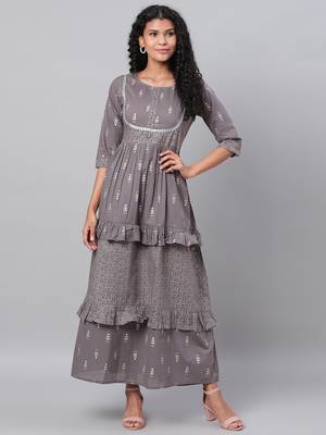 Myshka Women's Grey Printed 3/4 Sleeve Cotton Round Neck  Dress 1