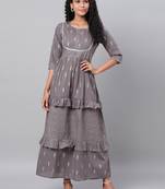 Myshka Women's Grey Printed 3/4 Sleeve Cotton Round Neck  Dress