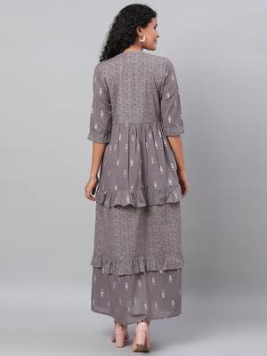 Myshka Women's Grey Printed 3/4 Sleeve Cotton Round Neck  Dress 2