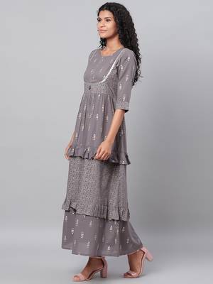 Myshka Women's Grey Printed 3/4 Sleeve Cotton Round Neck  Dress 3