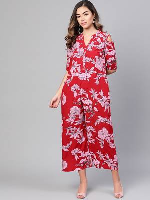 Myshka Women's Red Polyester Printed Half Sleeve Casual Jumpsuit 1